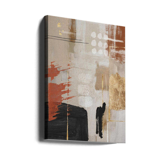 Terracotta Chaos 1 by Sally Ann Moss, gallery-wrapped canvas viewed at an angle; terracotta brushwork, cream shapes and black abstract marks.