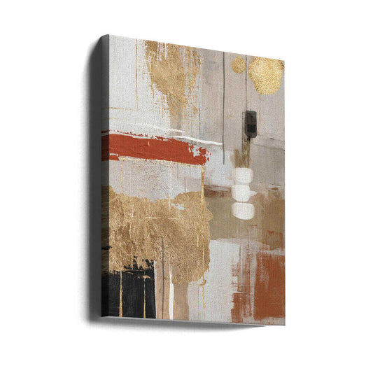 Terracotta Chaos 2 by Sally Ann Moss, gallery-wrapped canvas viewed at an angle; gold-toned abstract layers with a terracotta horizontal stroke.