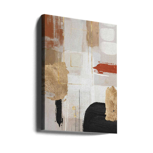 Terracotta Chaos 3 by Sally Ann Moss, gallery-wrapped canvas viewed at an angle; cream and gold-toned abstraction with terracotta and black.