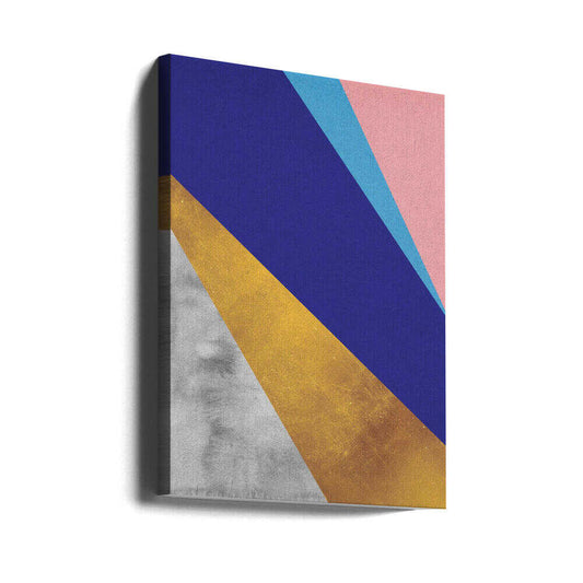 Texture geometry 3 by Vitor Costa, gallery-wrapped canvas viewed at an angle; bold purple, blue and pink diagonal planes above gold-toned and gray sections.