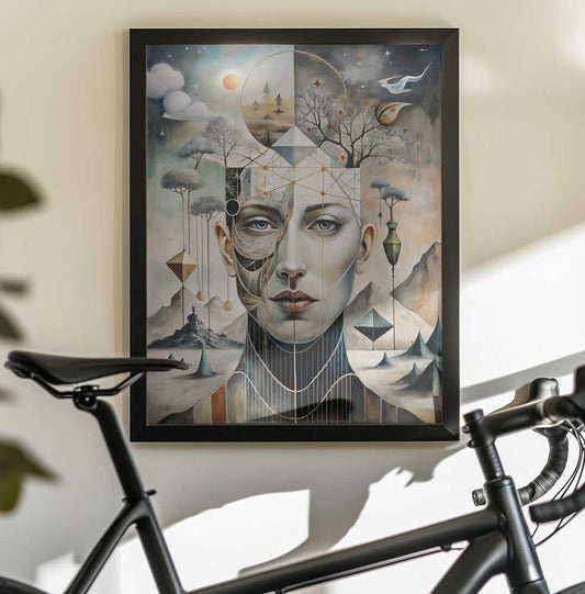 The Divided Self by Miguel Bruzual, black-framed artwork above a bicycle; a split geometric face surrounded by trees, floating forms and miniature landscapes.