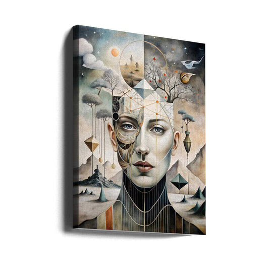 The Divided Self by Miguel Bruzual, gallery-wrapped canvas viewed at an angle; a split geometric face surrounded by trees, floating forms and miniature landscapes.