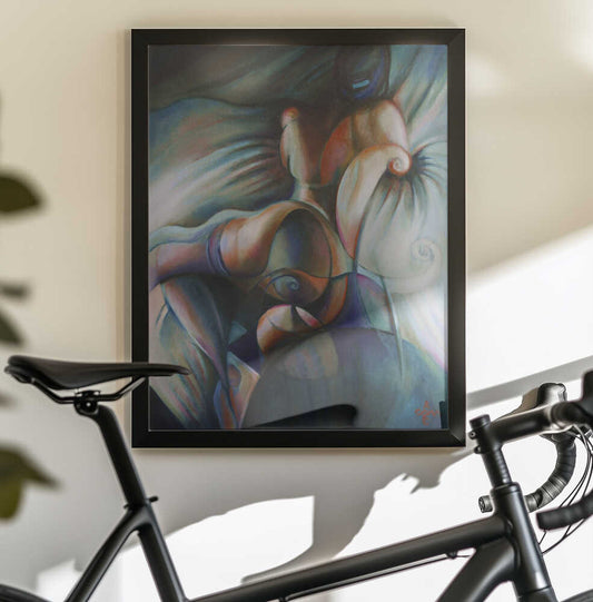 The Implicite Order abstract figurative art in a black frame on a wall above a bicycle
