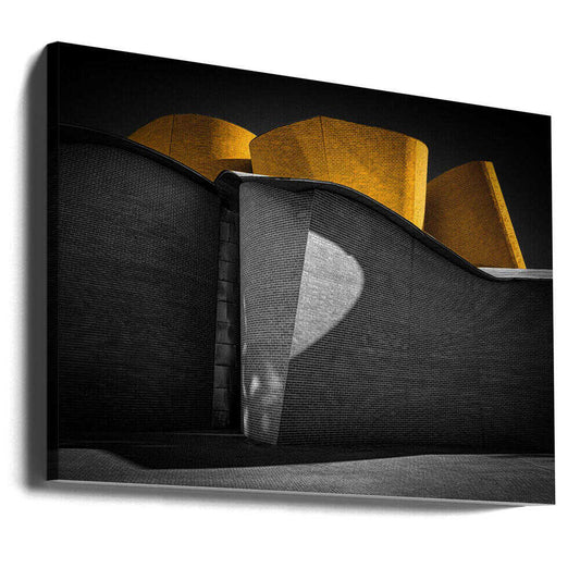 The Museum by Roland M Schwerdtfeger, gallery-wrapped canvas viewed at an angle; curved gray museum walls beneath yellow architectural forms.
