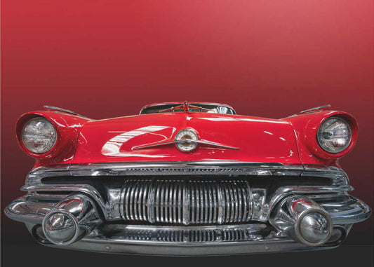 The red Pontiac by Roland Weber, front view of the artwork; the front of a red Pontiac with a chrome grille and headlights against a red background.