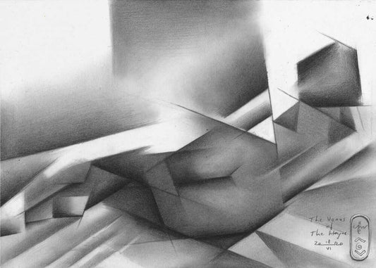 The Venus of the Hague - 18-06-20 by Corné Akkers, front view of the artwork; a reclining figure rendered in grayscale geometric planes with broad bands of light.