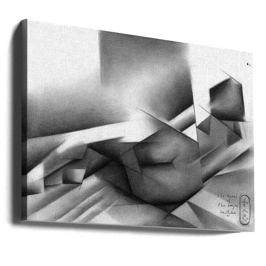 The Venus of the Hague - 18-06-20 by Corné Akkers, gallery-wrapped canvas viewed at an angle; a reclining figure rendered in grayscale geometric planes with broad bands of light.