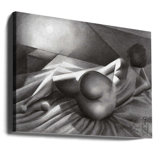 The Venus of the Hague - 23-05-20 by Corné Akkers, gallery-wrapped canvas viewed at an angle; a reclining figure on angular folded bedding with strong gray light and shadow.