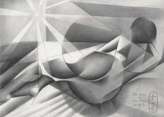 The Venus of the Hague - 26-05-20 by Corné Akkers, front view of the artwork; a reclining geometric figure crossed by radiating bands of light in grayscale.