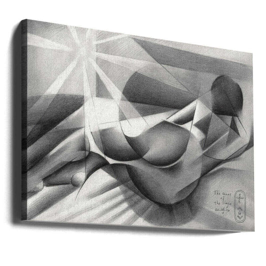 The Venus of the Hague - 26-05-20 by Corné Akkers, gallery-wrapped canvas viewed at an angle; a reclining geometric figure crossed by radiating bands of light in grayscale.