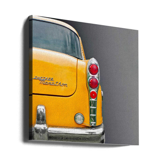 The Yellow Cab by Roland Weber, gallery-wrapped canvas viewed at an angle; rear corner of a yellow vintage car with red tail lights.