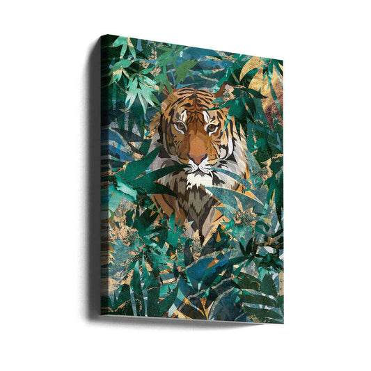 Tiger in the jungle 2 by Sarah Manovski, gallery-wrapped canvas viewed at an angle; front-facing tiger surrounded by layered green jungle leaves.