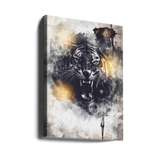 Tiger Poster Art 03 by Rafal Kulik, gallery-wrapped canvas viewed at an angle; a roaring tiger face emerging from black-and-white marks and warm gold-colored accents.