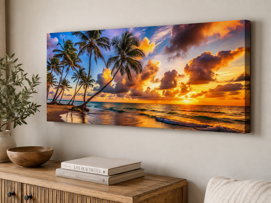 Tropical Serenity — panoramic canvas beside a plant