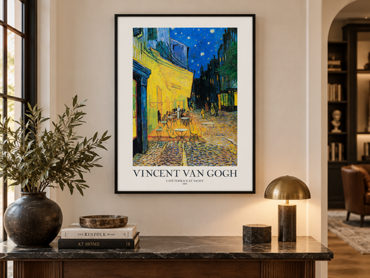 Van Gogh – Café Terrace at Night | Museum-Quality Canvas Print — black-framed canvas above a console