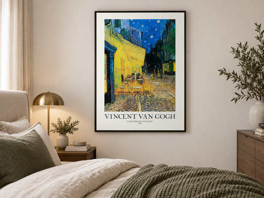 Van Gogh – Café Terrace at Night | Museum-Quality Canvas Print — black-framed canvas above a sofa