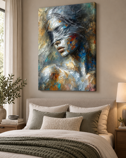 Veil of Memories | Textured Figurative Fine Art Canvas Print — black-framed canvas above a sofa