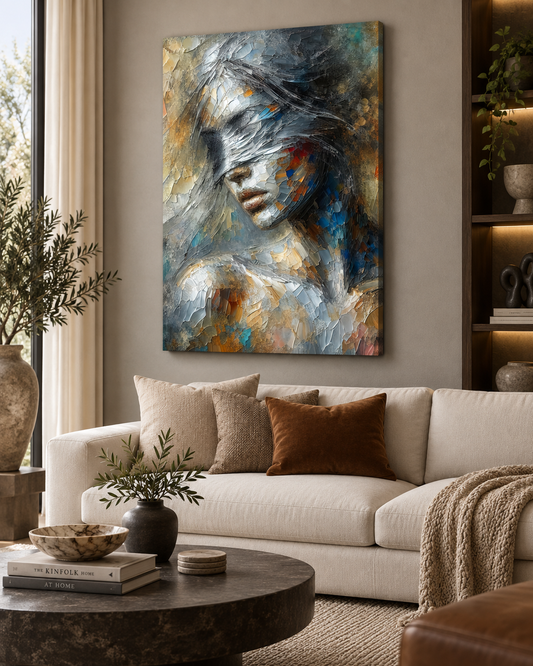 Veil of Memories | Textured Figurative Fine Art Canvas Print — canvas above a sofa