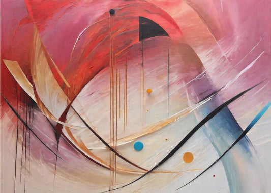 Vibrant Swirls and Curves by Alpenglow Workshop, front view of the artwork; sweeping pink and red arcs with black curves, pale bands and small colored circles.