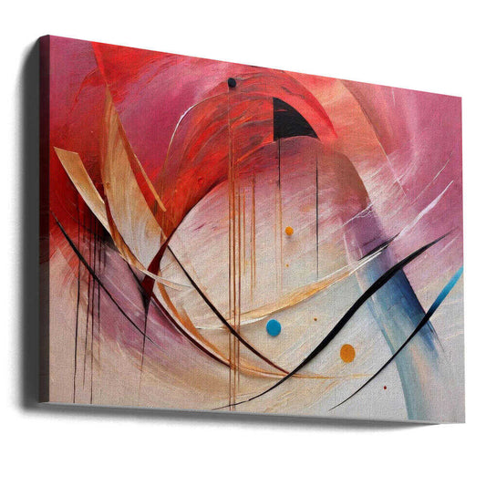 Vibrant Swirls and Curves by Alpenglow Workshop, gallery-wrapped canvas viewed at an angle; sweeping pink and red arcs with black curves, pale bands and small colored circles.