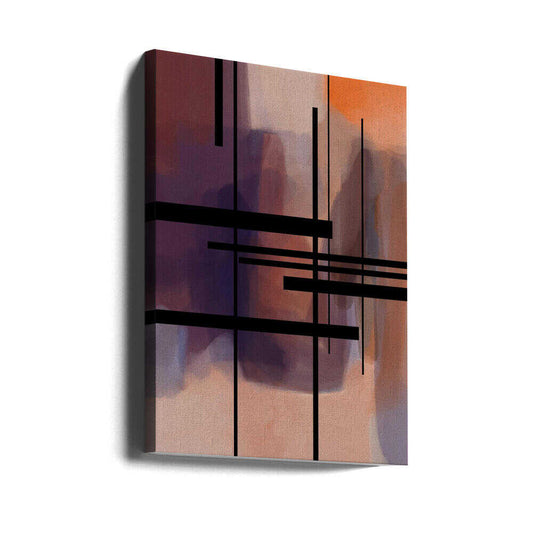 View From a Window 1 by Simona Gocan, gallery-wrapped canvas viewed at an angle; black intersecting bars over smoky plum, mauve and warm peach color fields.