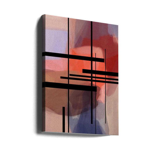 View From a Window 2 by Simona Gocan, gallery-wrapped canvas viewed at an angle; intersecting black bars over soft coral, pink, mauve and muted blue fields.