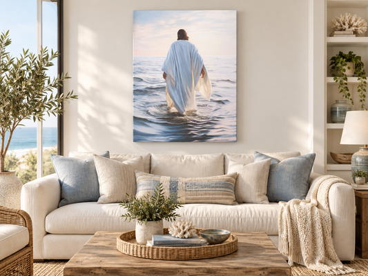 Walking on Water Canvas Print | Jesus Religious Wall Art — canvas above a cream sofa