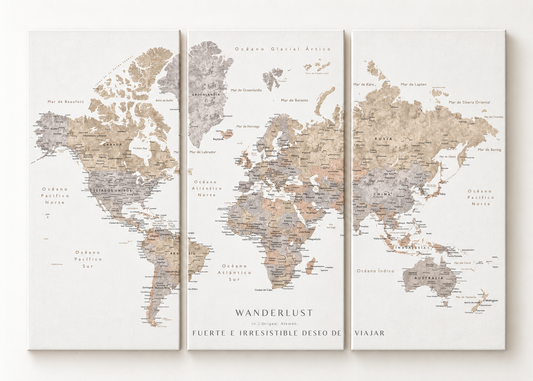 Wanderlust World Map Large triptych gallery-wrapped canvas set; illustrative front view, see size guide for dimensions