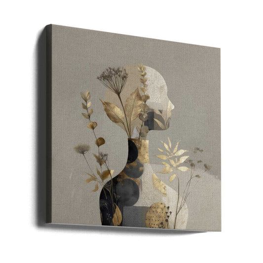 Where Silence Grows by Bella Eve, gallery-wrapped canvas viewed at an angle; a profile silhouette layered with delicate botanical stems and muted gold leaves.