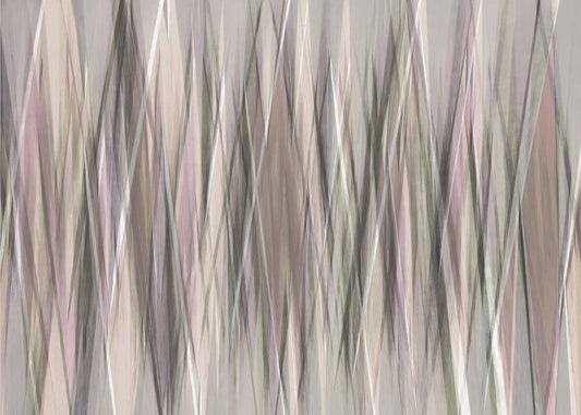 Whispering Echoes by Christina Sillen, front view of the artwork; fine elongated vertical strokes in gray, cream and muted blush tones.