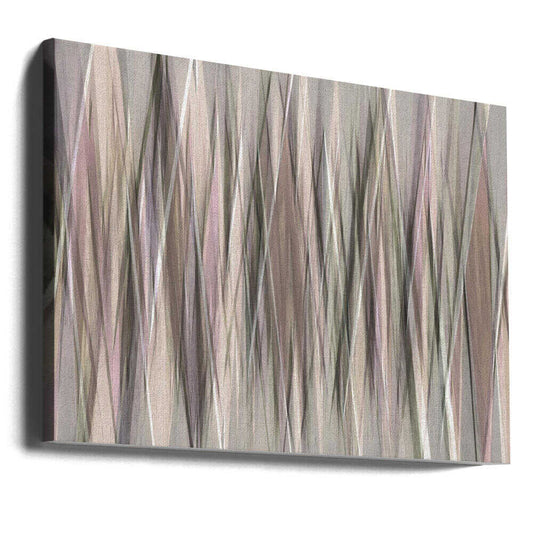 Whispering Echoes by Christina Sillen, gallery-wrapped canvas viewed at an angle; fine elongated vertical strokes in gray, cream and muted blush tones.