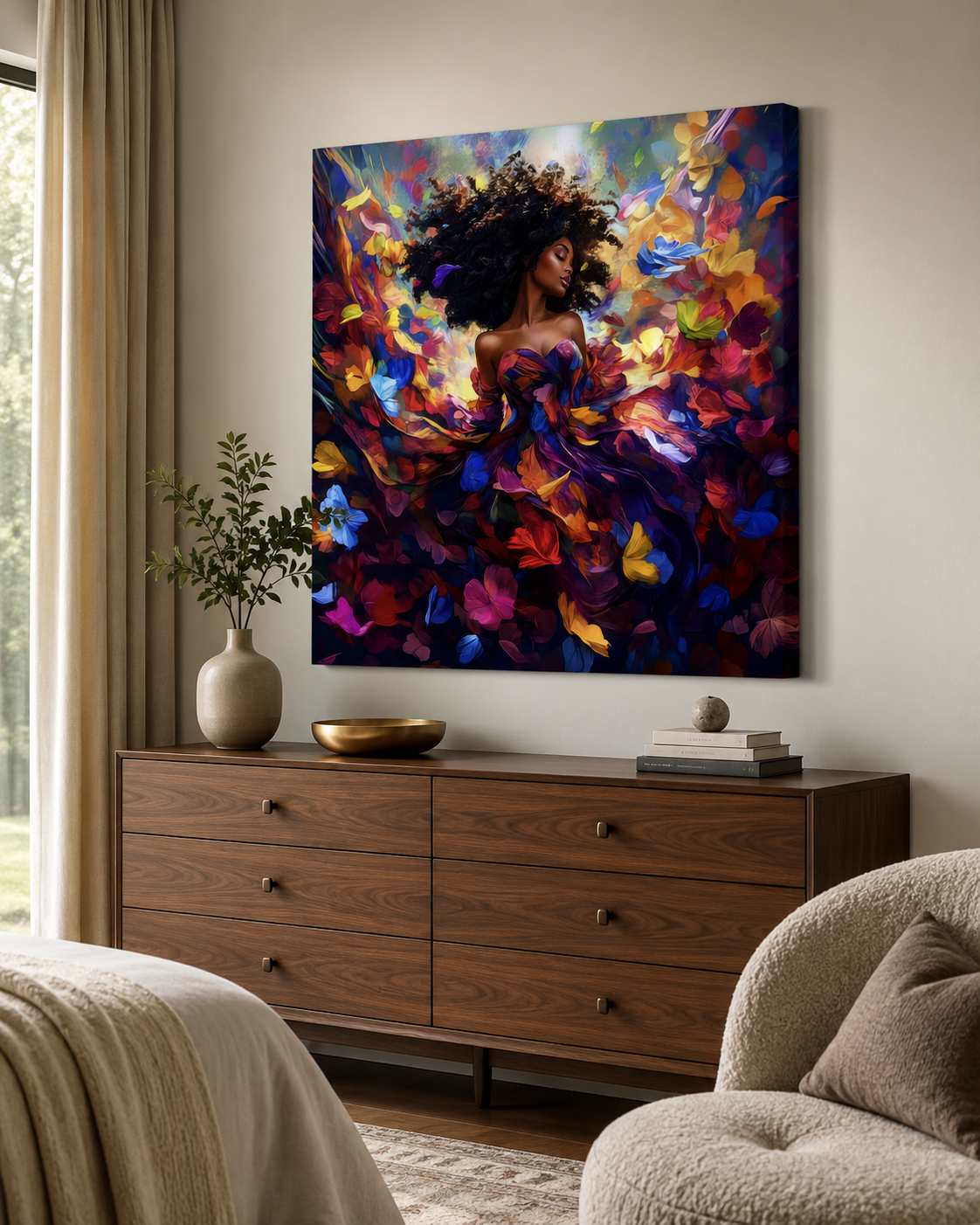 Woman in Bloom – Colorful Black Woman Floral Canvas Wall Art