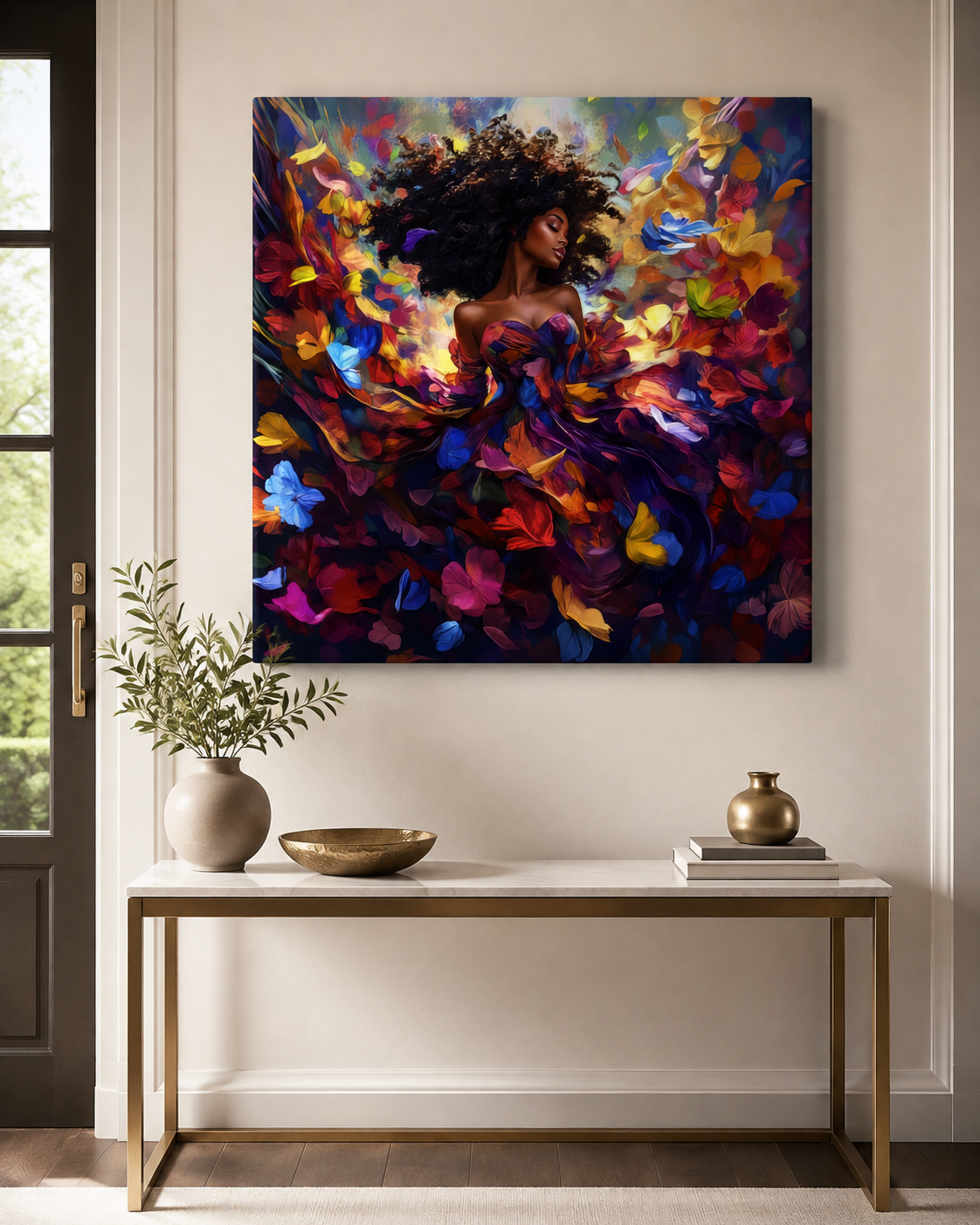 Woman in Bloom – Colorful Black Woman Floral Canvas Wall Art