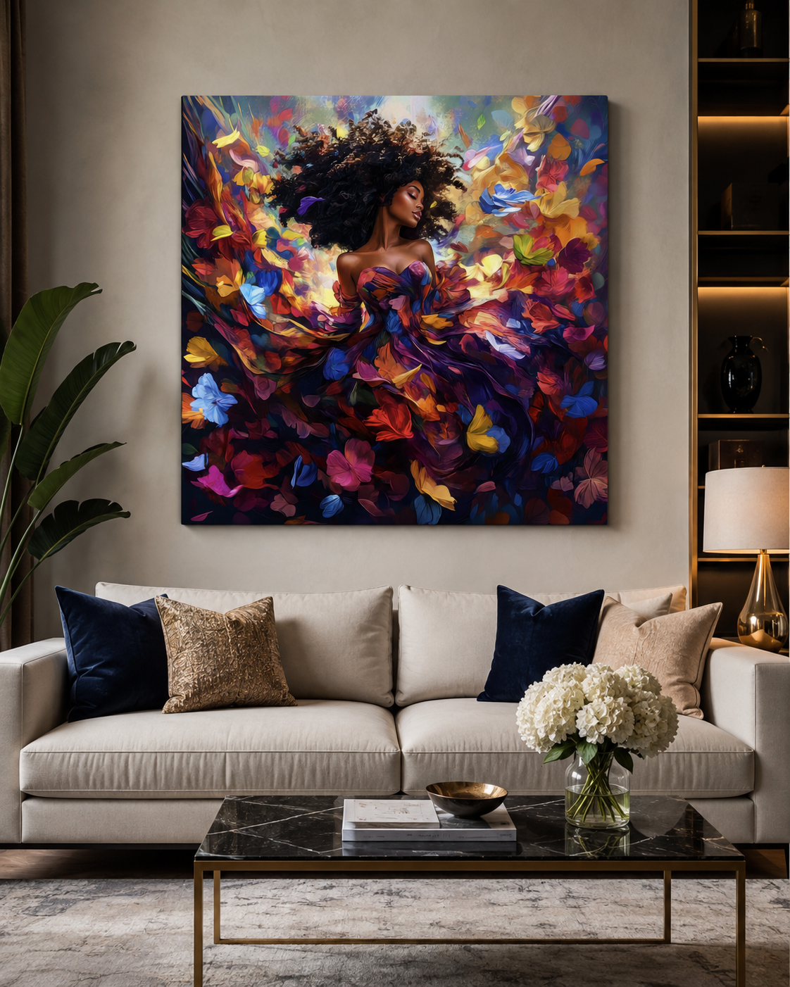 Woman in Bloom – Colorful Black Woman Floral Canvas Wall Art