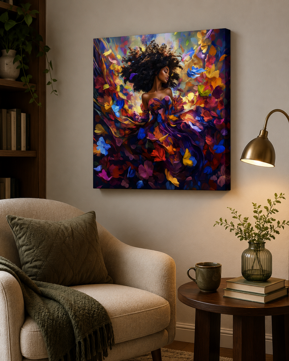 Woman in Bloom – Colorful Black Woman Floral Canvas Wall Art