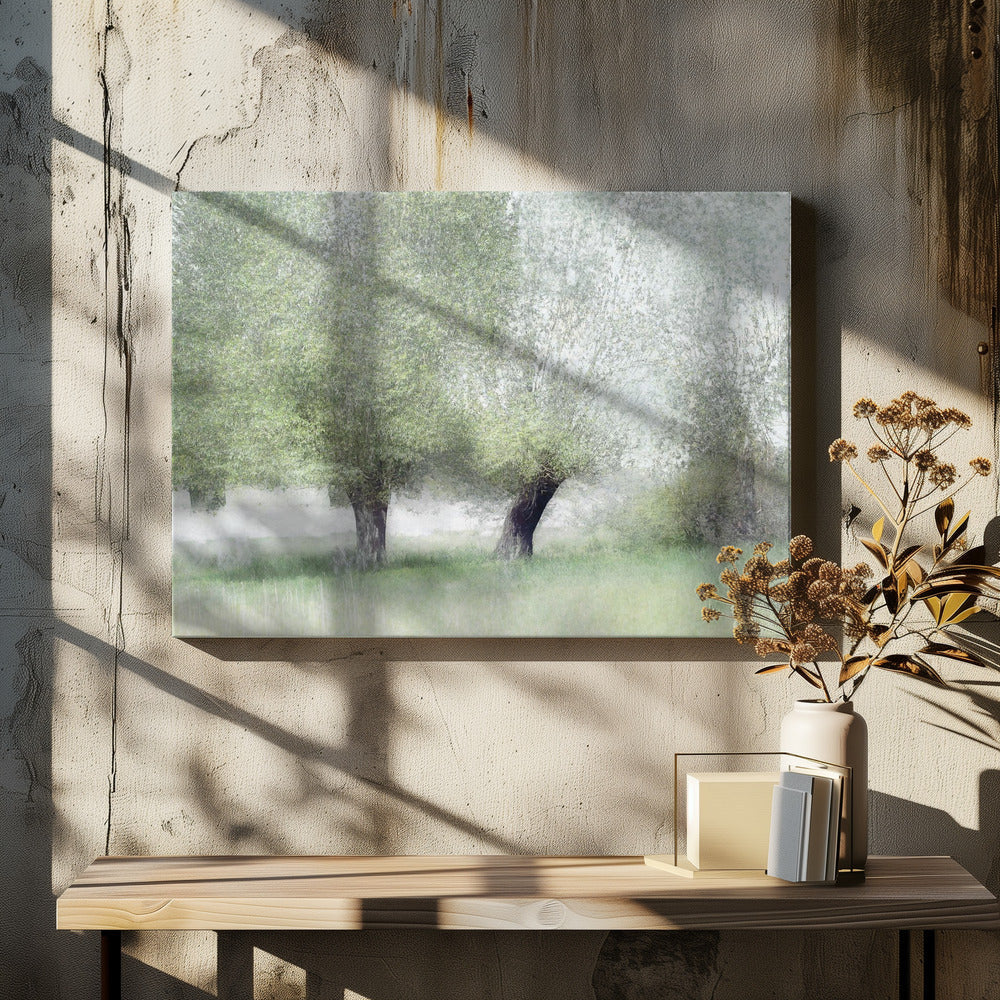 Young green by Nel Talen — black-framed canvas above a console