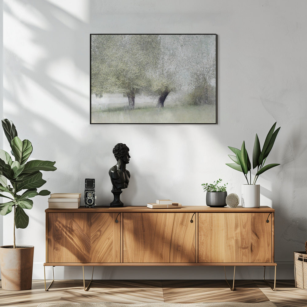 Young green by Nel Talen — canvas above a sideboard with plants