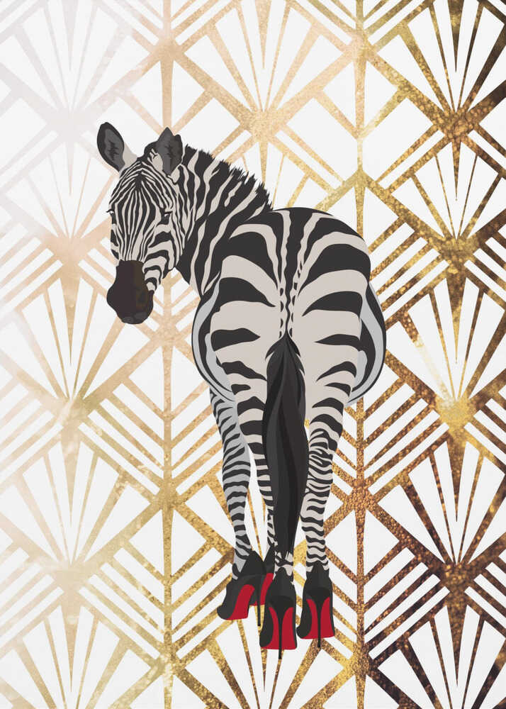 Zebra Heels Art Deco by Sarah Manovski, front view of the artwork; a zebra in red high heels against a pale gold-toned Art Deco fan pattern.