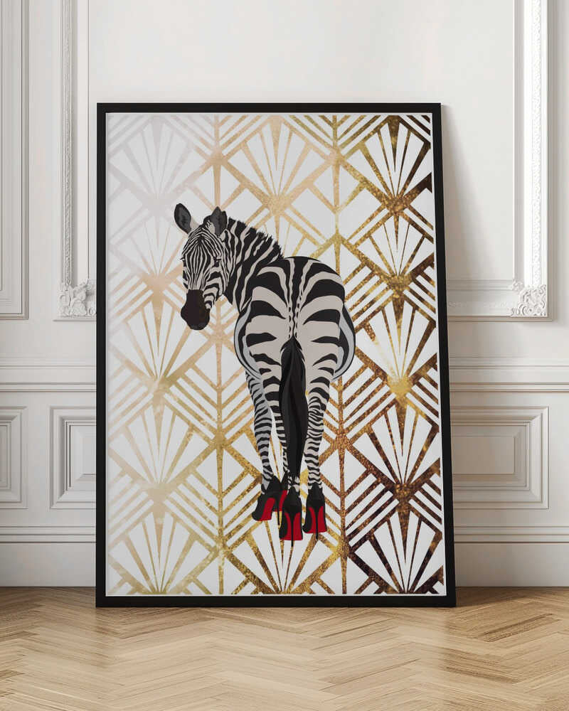 Zebra Heels Art Deco by Sarah Manovski, black-framed artwork leaning against a paneled wall; a zebra in red high heels against a pale gold-toned Art Deco fan pattern.