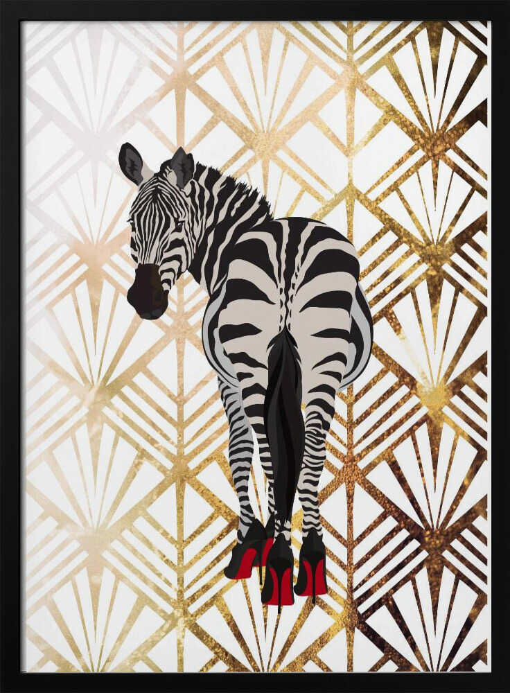Zebra Heels Art Deco by Sarah Manovski, black-framed artwork, front view; a zebra in red high heels against a pale gold-toned Art Deco fan pattern.