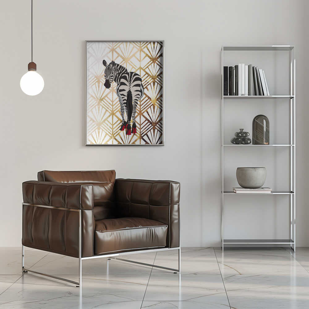 Zebra Heels Art Deco by Sarah Manovski, canvas above a brown leather chair; a zebra in red high heels against a pale gold-toned Art Deco fan pattern.