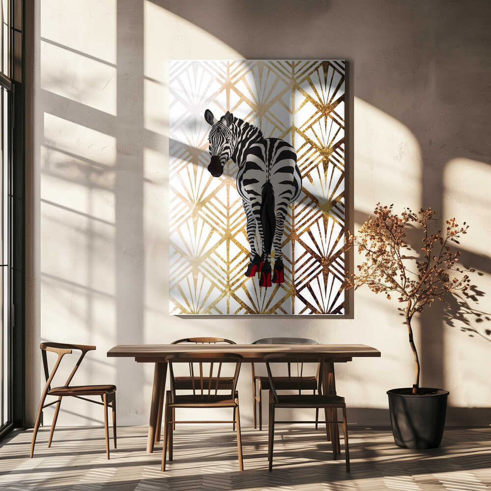 Zebra Heels Art Deco by Sarah Manovski, wall art above a wood dining table; a zebra in red high heels against a pale gold-toned Art Deco fan pattern.