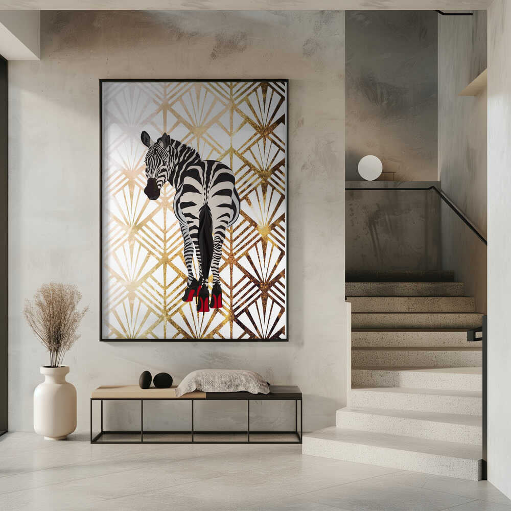 Zebra Heels Art Deco by Sarah Manovski, wall art above a console beside a staircase; a zebra in red high heels against a pale gold-toned Art Deco fan pattern.
