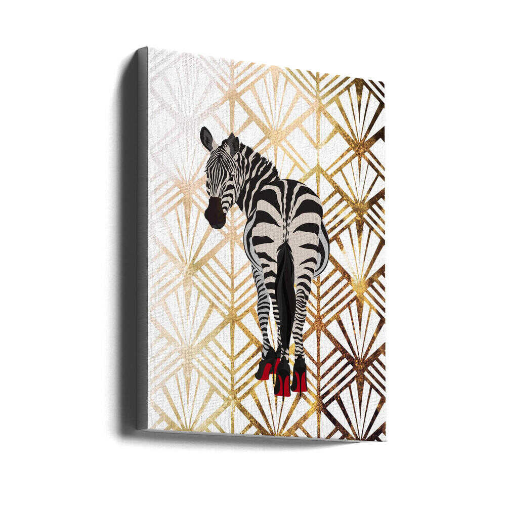 Zebra Heels Art Deco by Sarah Manovski, gallery-wrapped canvas viewed at an angle; a zebra in red high heels against a pale gold-toned Art Deco fan pattern.