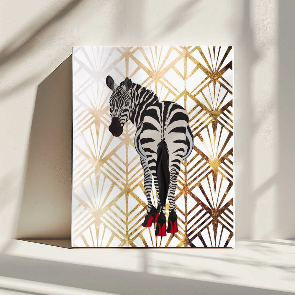 Zebra Heels Art Deco by Sarah Manovski, gallery-wrapped canvas on a sunlit shelf; a zebra in red high heels against a pale gold-toned Art Deco fan pattern.