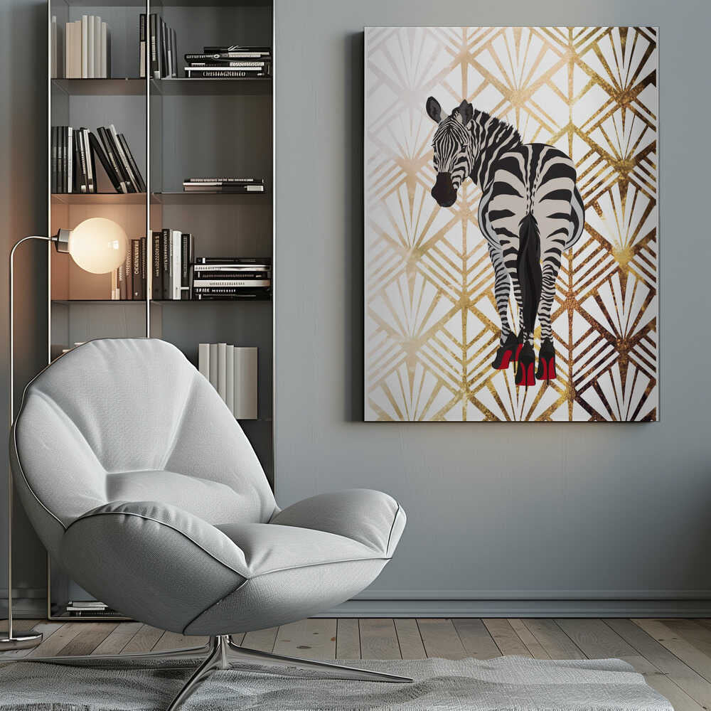 Zebra Heels Art Deco by Sarah Manovski, canvas beside a gray lounge chair and bookshelf; a zebra in red high heels against a pale gold-toned Art Deco fan pattern.