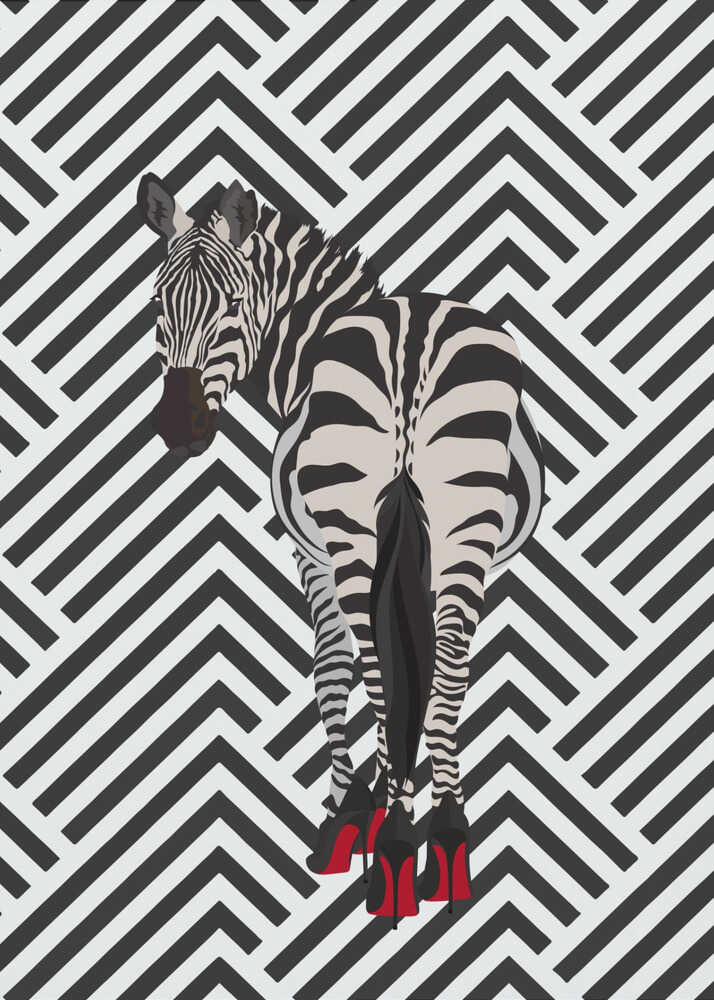 Zebra heels retro by Sarah Manovski, front view of the artwork; a zebra wearing red high heels against a black-and-white chevron background.