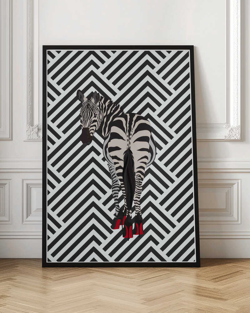 Zebra heels retro by Sarah Manovski, black-framed artwork leaning against a paneled wall; a zebra wearing red high heels against a black-and-white chevron background.