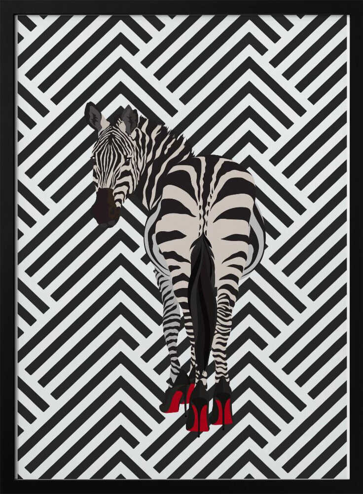 Zebra heels retro by Sarah Manovski, black-framed artwork, front view; a zebra wearing red high heels against a black-and-white chevron background.