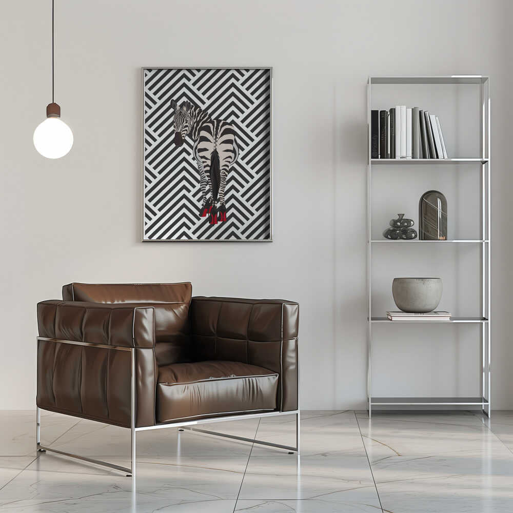 Zebra heels retro by Sarah Manovski, canvas above a brown leather chair; a zebra wearing red high heels against a black-and-white chevron background.